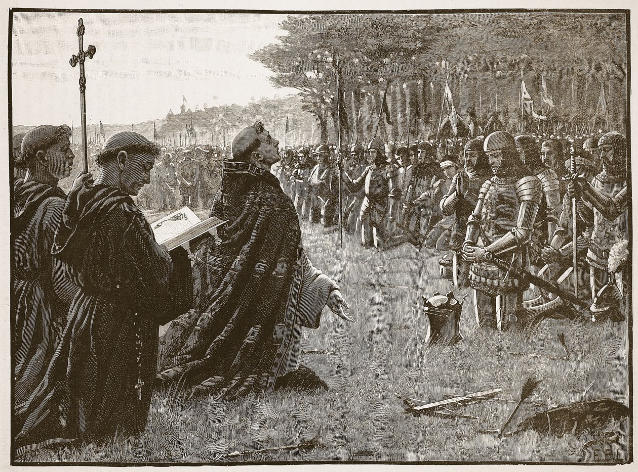 Thanksgiving for den engelske hæren etter slaget ved Agincourt, 25. oktober 1415, illustrasjon fra Cassells Illustrated History of England (sepiafoto) av English School