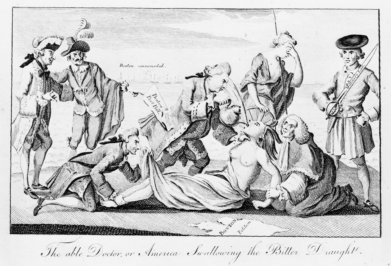 The Able Doctor, or America Swallowing the Bitter Draught, publisert i London Magazine, 1. mai 1774 (avispapir) av English School