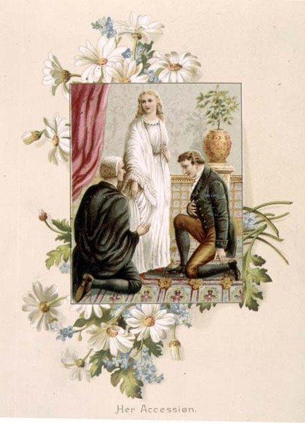 The Accession of Queen Victoria, 20. juni 1837, illustrasjon fra "Fifty Golden Years" av Mrs Craik, pub. av Raphael Tuck av English School