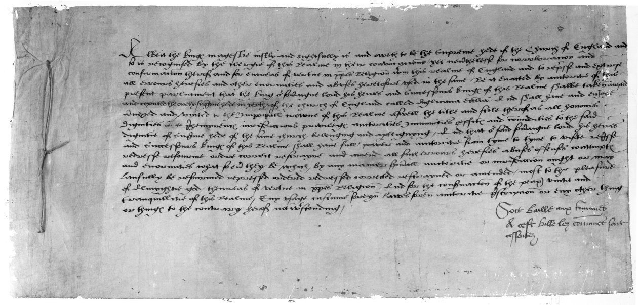 The Act of Supremacy som anerkjenner Henry VIII som leder av Church of England, 1534 (blekk på papir) av English School
