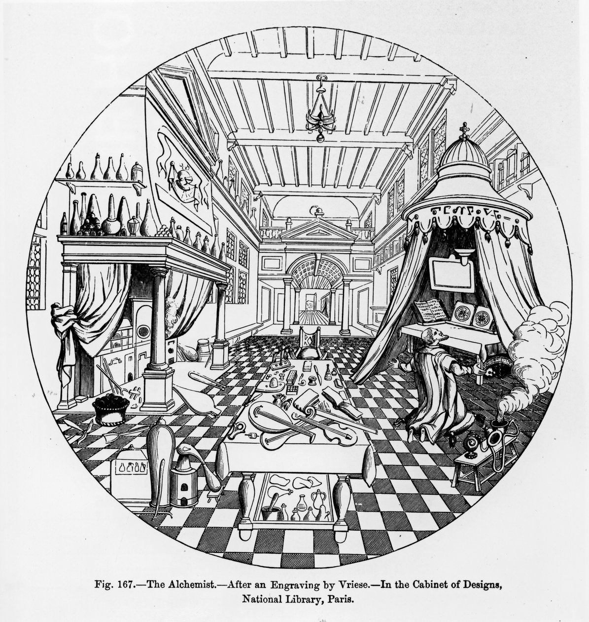 Alkymisten, etter en gravering av Vriese, illustrasjon fra Science and Literature in the Middle Ages and the Renaissance, skrevet og gravert av Paul Lacroix, 1878 av English School