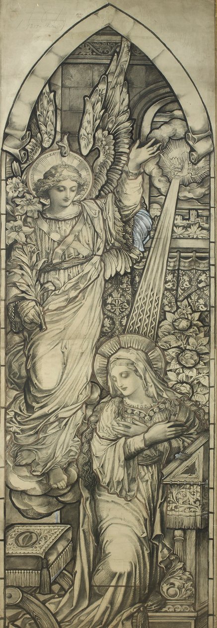 The Annunciation, verksted til Heaton, Butler & Bayne, ca. 1900 (svart fargestift og wc forhøyet med hvitt) av English School