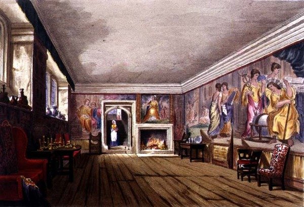 The Ante Room, Cotehele-huset, ca. 1830-40 (farge litho) av English School