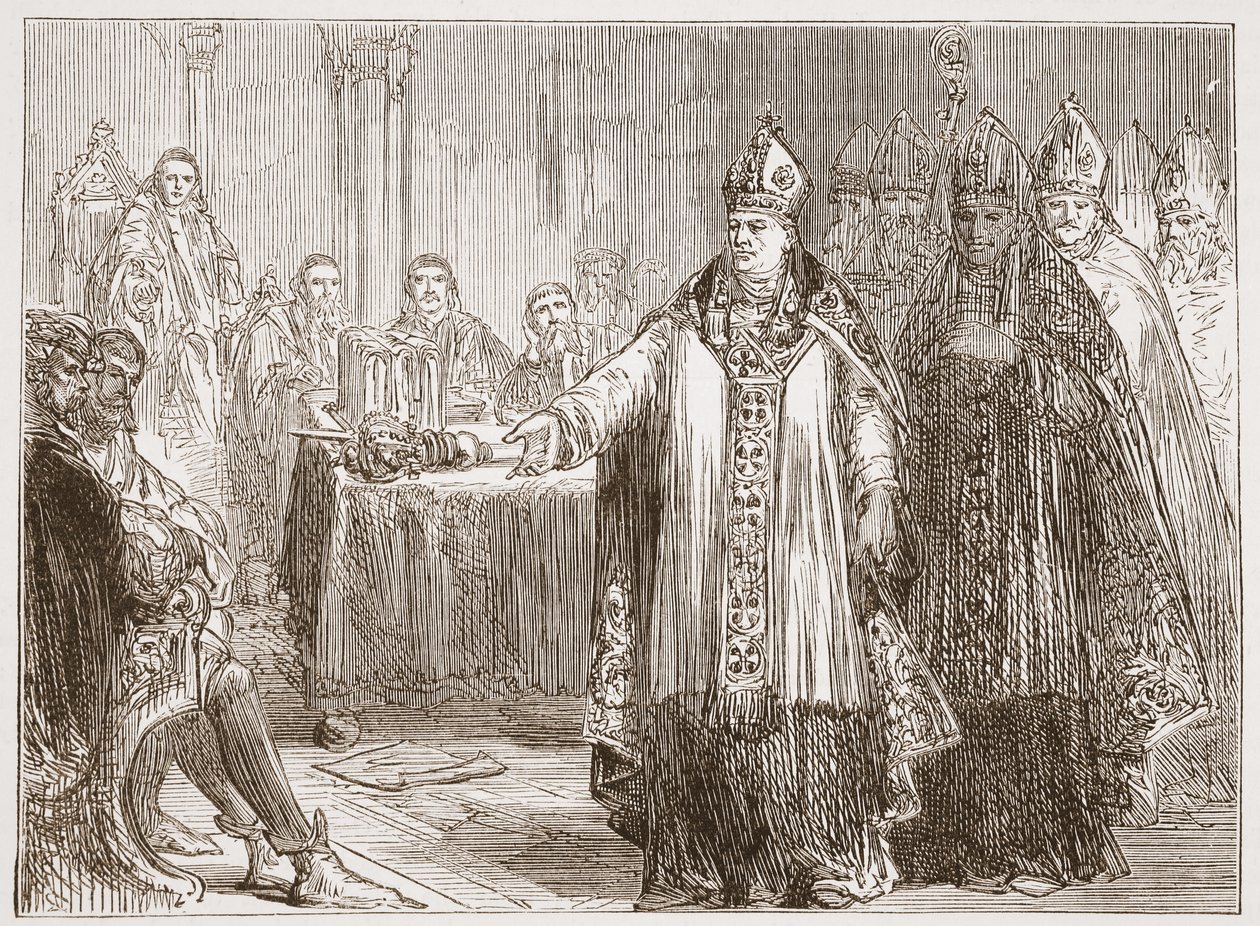 Erkebiskopene av York og Canterbury foran parlamentet i Westminster Abbey, illustrasjon fra The History of Protestantism av James Aitken Wylie (1808-1890), pub. 1878 av English School