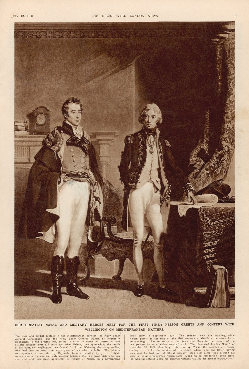 The Army and Navy: Et intervju mellom Arthur Wellesley (1769-1852) hertugen av Wellington og Lord Horatio Nelson (1758-1805) fra The London Illustrated News, 12. juli 1941 av English School