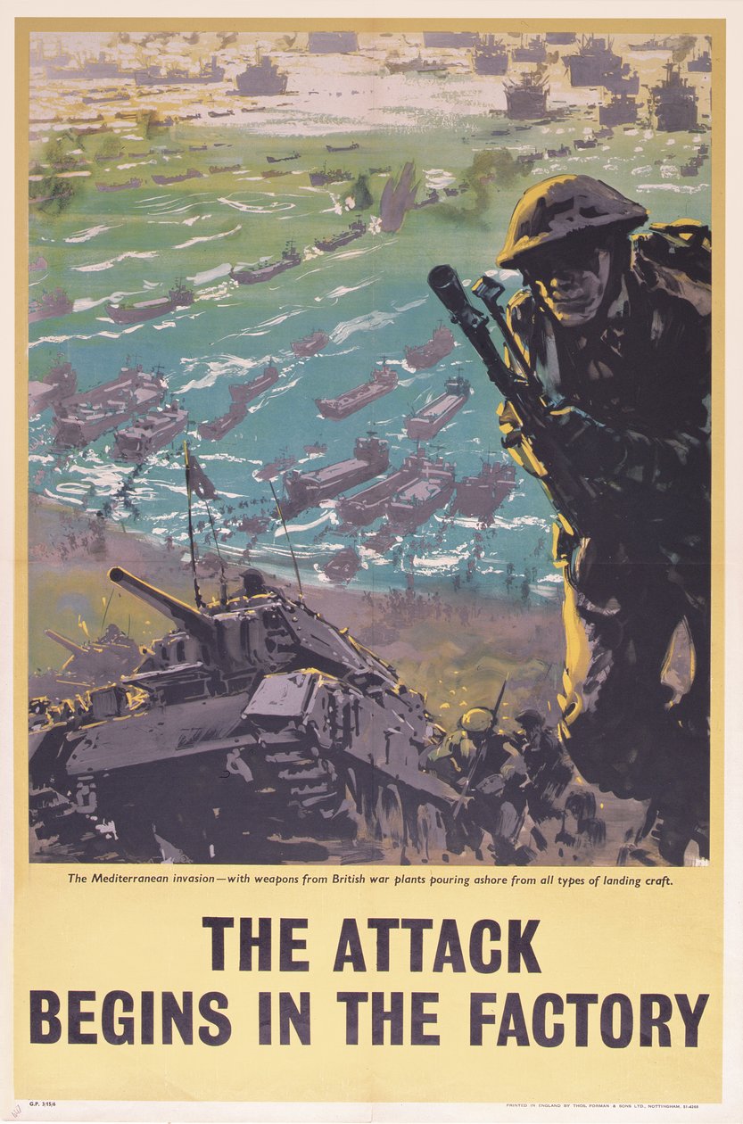 Angrepet begynner i fabrikken, WWII-plakat, 1943 av English School