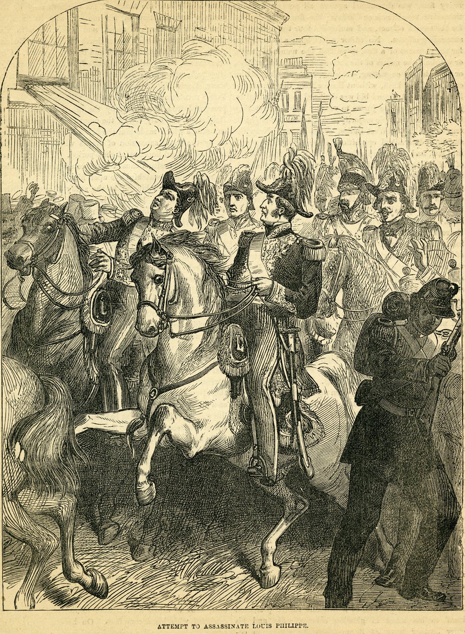 Forsøket på å myrde kong Louis Philippe av Frankrike, illustrasjon hentet fra Cassells Illustrated History of England, 18571858 av English School