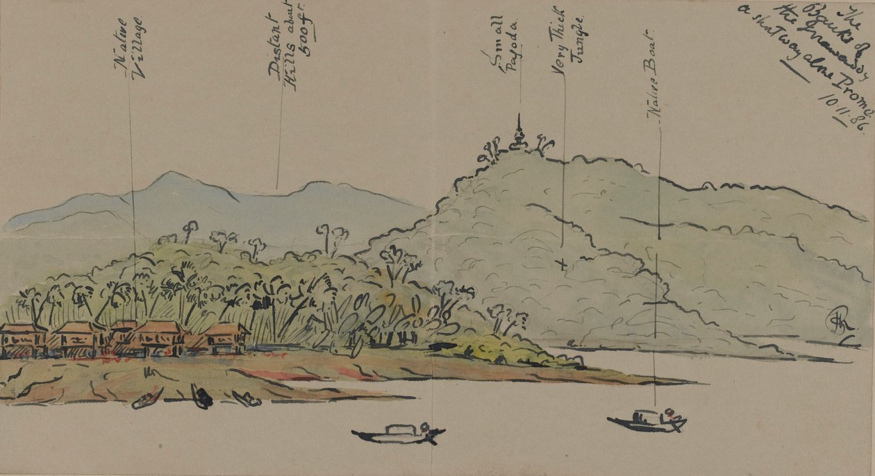 The Banks of the Irrawaddy, Burma, 1886 (wc med penn og blekk på papir) av English School