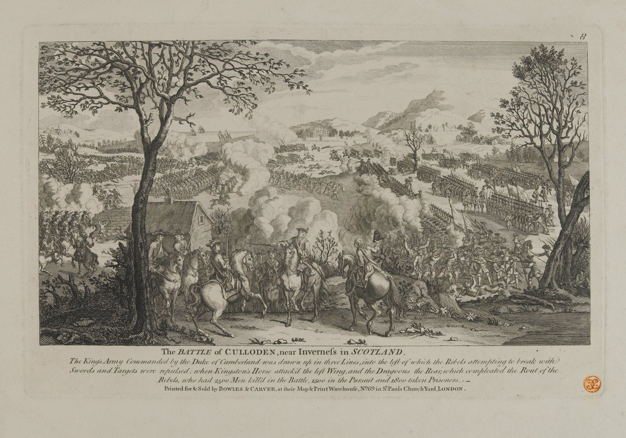 Slaget ved Culloden, nær Inverness i Skottland, utgitt av Bowles og Carver, 1746 av English School