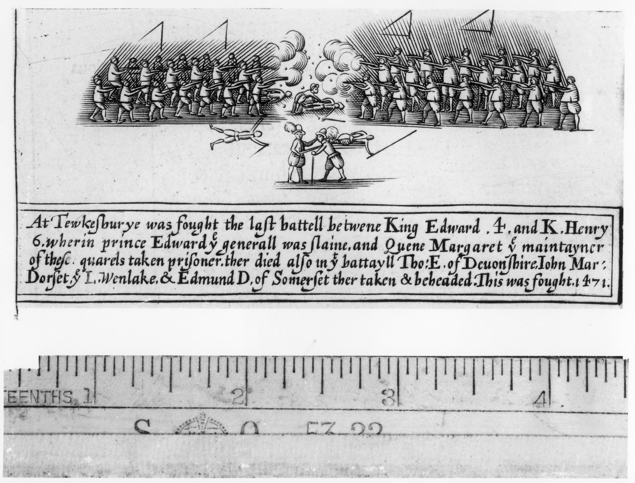 Slaget ved Tewkesbury kjempet mellom kong Edward IV (1442-83) og prins Edward (1453-71) i 1471 av English School