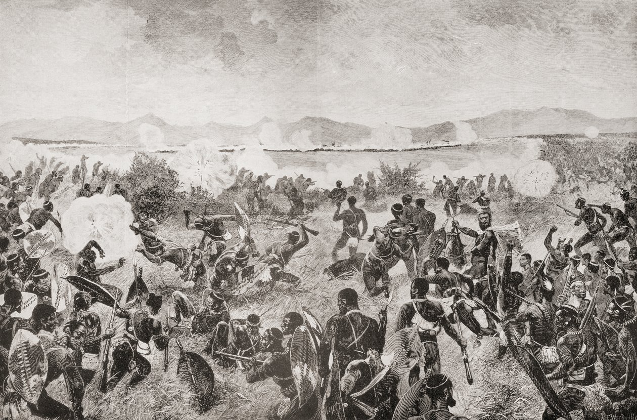 Slaget ved Ulundi i 1879 som viser det siste rushet til zuluene og det britiske torget i det fjerne, fra 'South Africa and the Transvaal War: Vol. 1' av Louis Creswicke, utgitt 1900 (litho) av English School