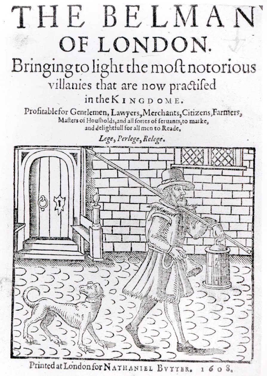The Bellman of London, av Thomas Dekker (c.1570-c.1641) tittelside, trykt av Nathaniel Butter, 1608 av English School
