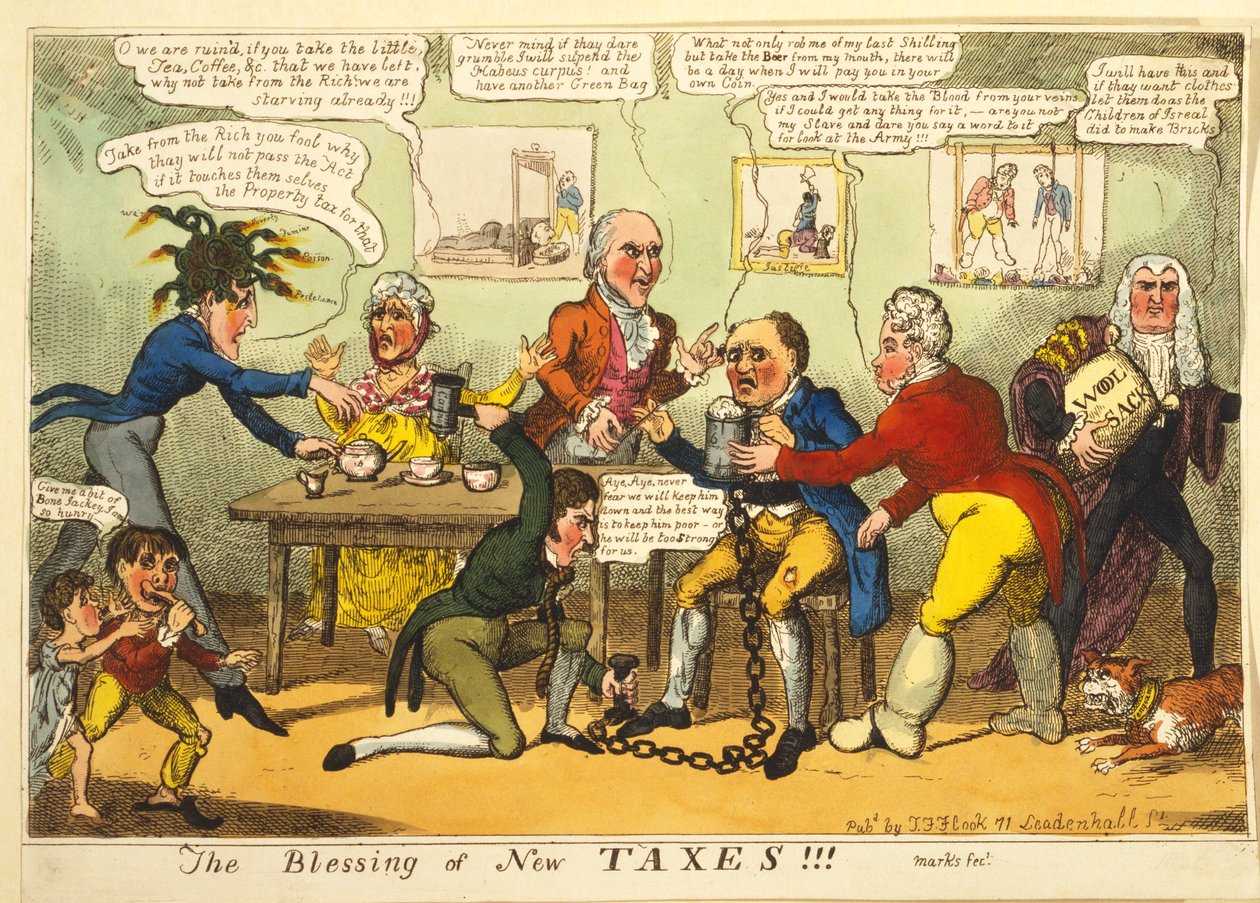 The Blessing of New Taxes!!!, ca. 1819 (håndfarget gravering) av English School