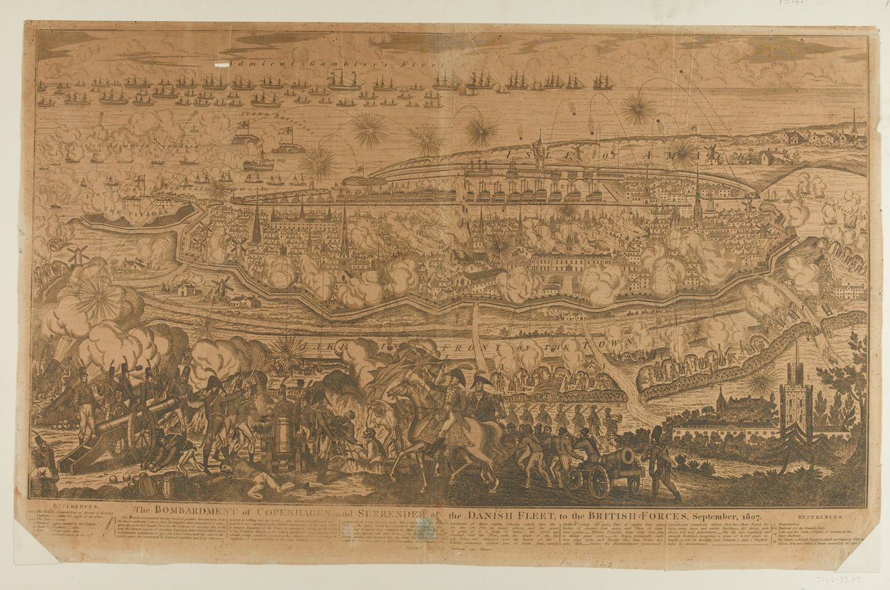 The Bombardment of Copenhagen and Surrender of the Danish Fleet, september 1807, utgitt av John Fairburn i 1807 av English School