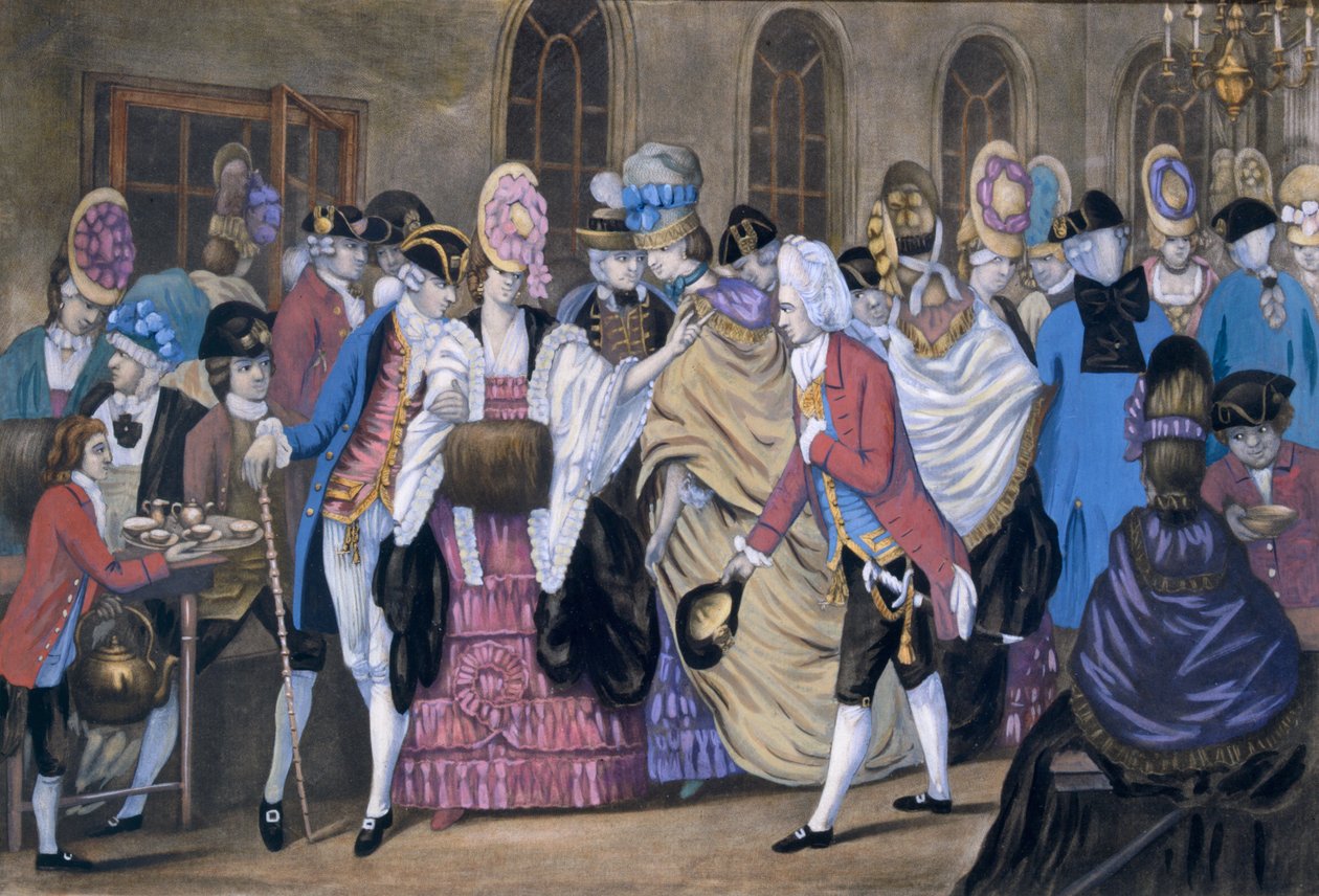 The Bread and Butter Manufactory, eller Humors of Bagnigge Wells, pub. Av Carington Bowles, 1772 99:Makaronistil; tradisjonelle kostymer; tradisjonell kjole; mote; kjele; kopper; av English School