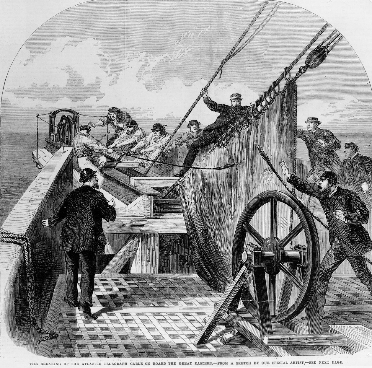Brudd av Atlantic Telegraph Cable om bord på Great Eastern, 1865 (gravering) av English School