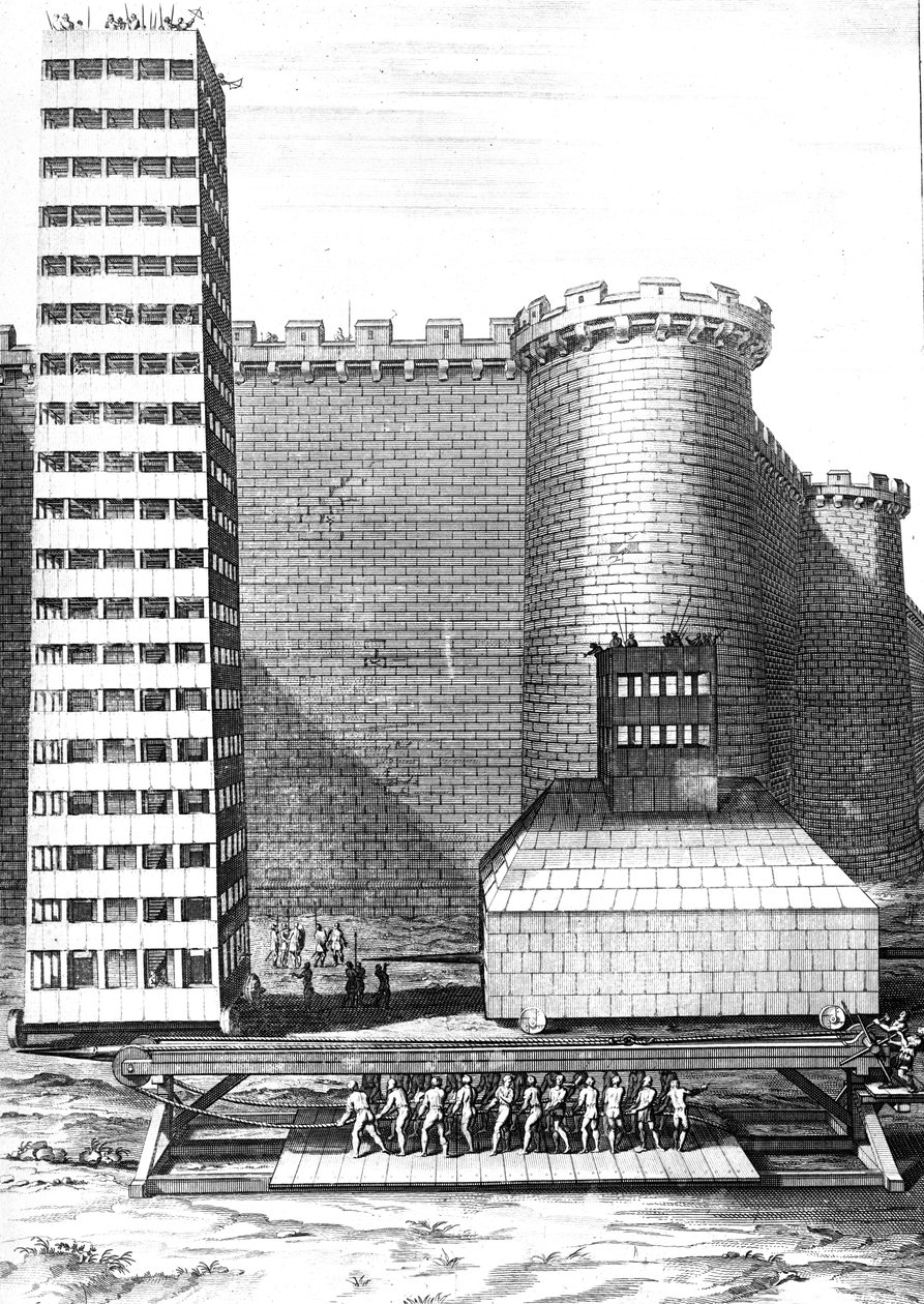 Brick Tower and Musculus at the Siege of Marseilles, gravert av Cornelis Huyberts, illustrasjon fra Caesars Commentaries oversatt til engelsk av William Duncan, utgitt 1753 av English School