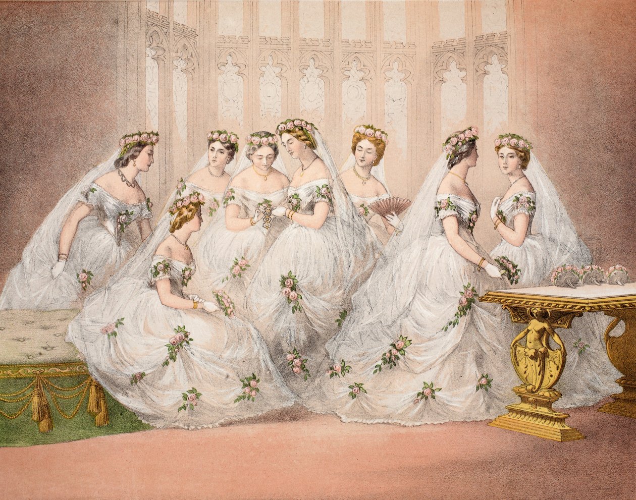 The Bridesmaids, 10. mars, 1863, fra A Memorial of the Marriage of Edward VII and Alexandra of Denmark, pub. 1864 av English School