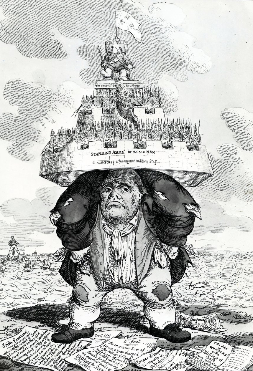 British Atlas, eller John Bull som støtter fredsetableringen, trykk laget av Charles Williams, 1816 av English School