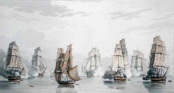 Den britiske skvadronen under kommando av kaptein Charles Marsh Schomberg og den franske skvadronen under kommando av Commodore Roquebert, ble beroliget kort tid etter starten av aksjonen utenfor Madagaskar, 20. mai 1811 (farge litho) av English School