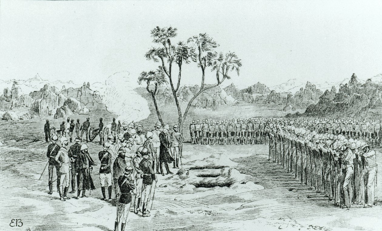 Begravelsen til general Earle og oberstene Eyre og Coveney i Kirbekan, fra The Campaign of the Cataracts av general William Francis Butler, utgitt 1887 av English School