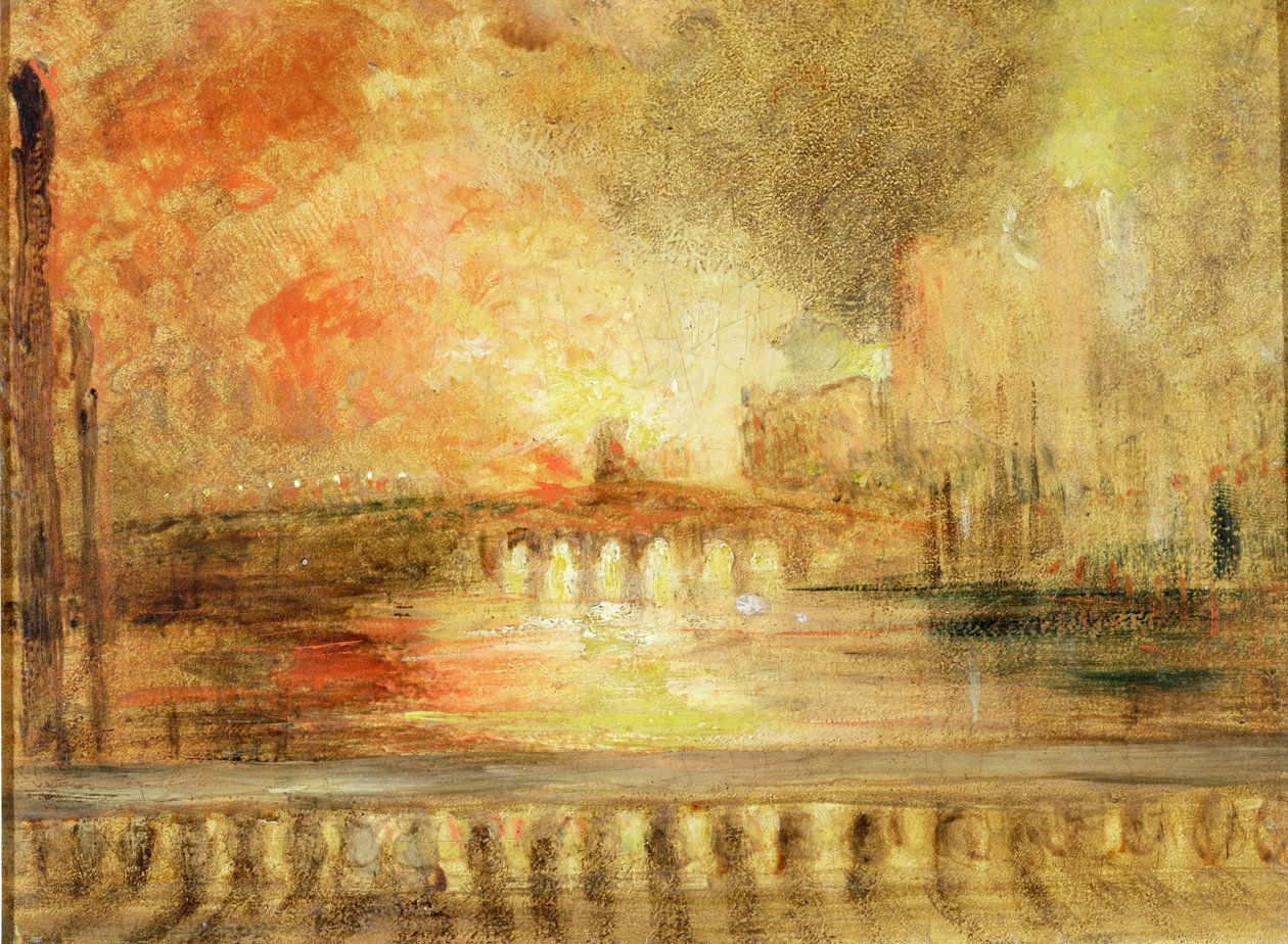 The Burning of the Houses of Parliament, tidligere tilskrevet J.M.W. Turner (1775–1851) av English School