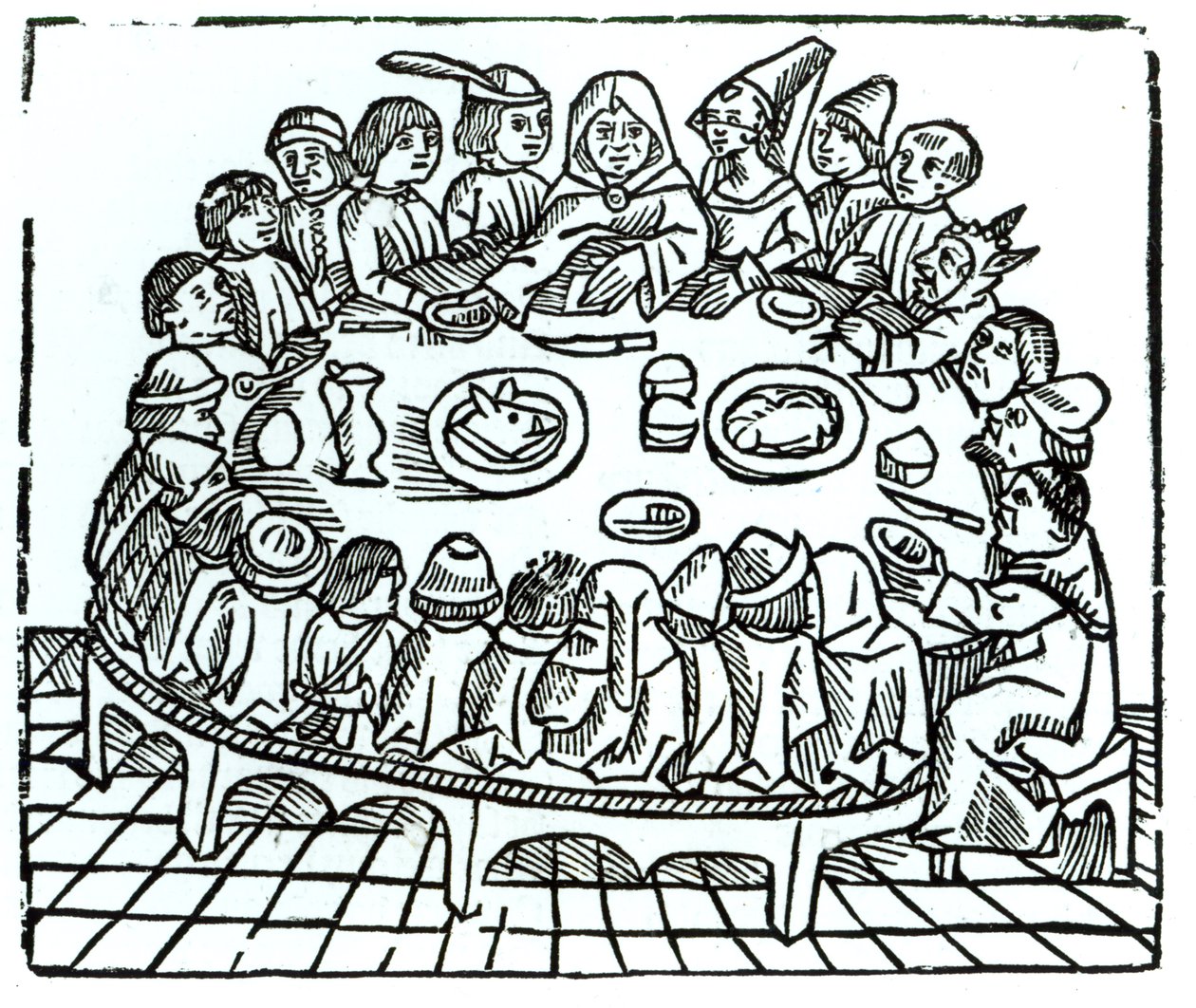 Canterbury-pilegrimene setter seg ned for et felles måltid, illustrasjon fra Geoffrey Chaucers (ca. 1345-1400) 
