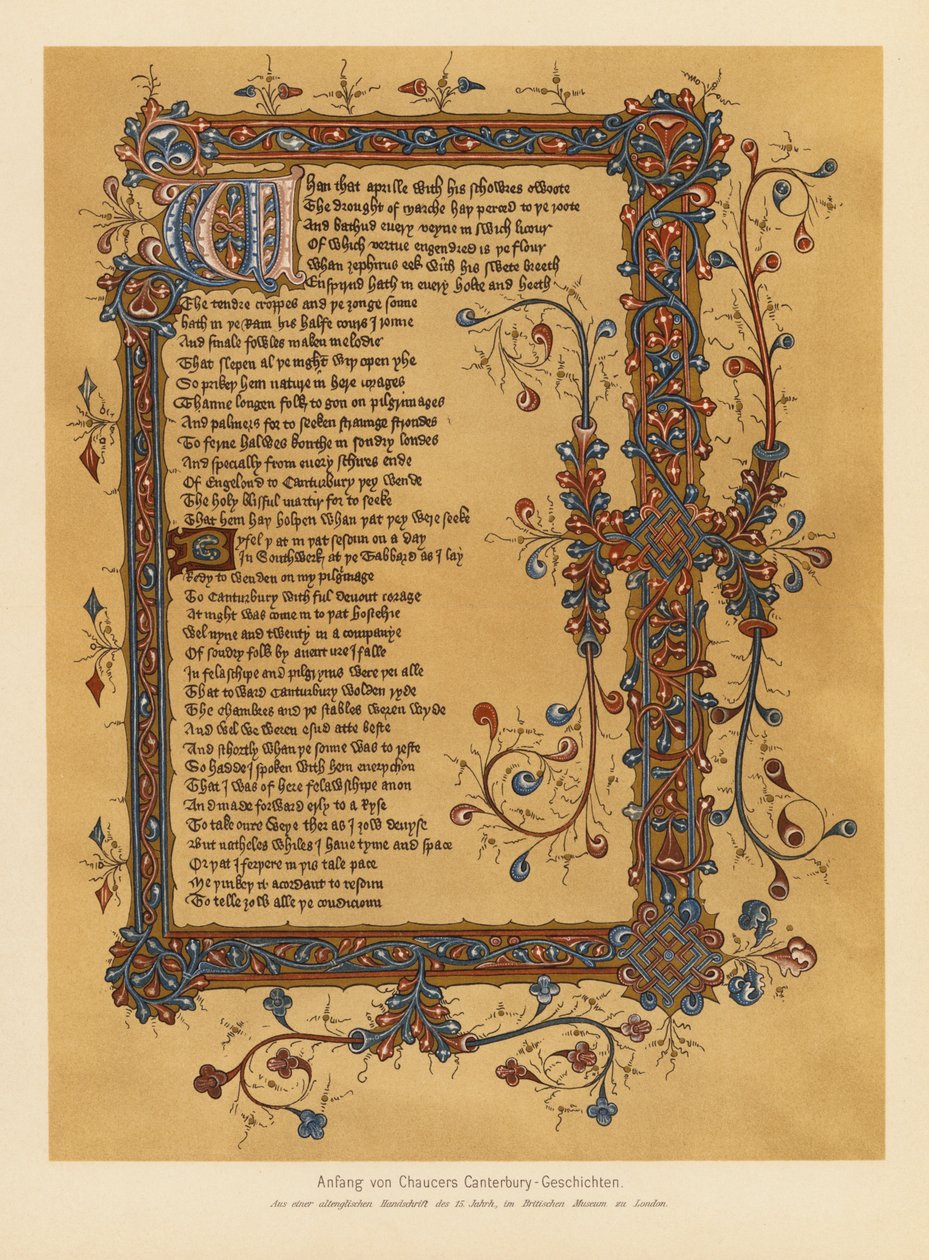 Canterbury-fortellingene av Geoffrey Chaucer (fargelitografi) av English School