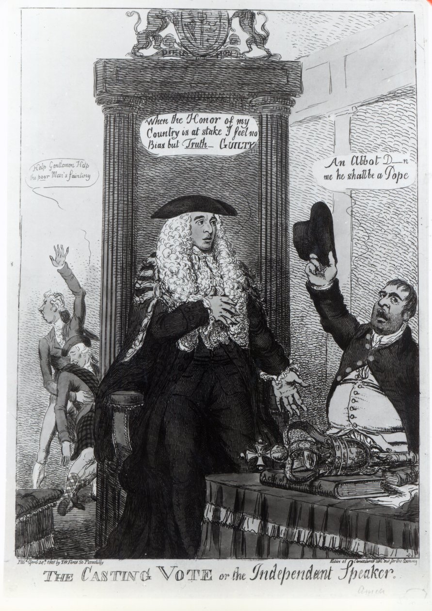 The Casting Vote, eller den uavhengige høyttaleren, satirisk tegneserie som viser statsministeren, Henry Addington, 1805 (trykk) av English School