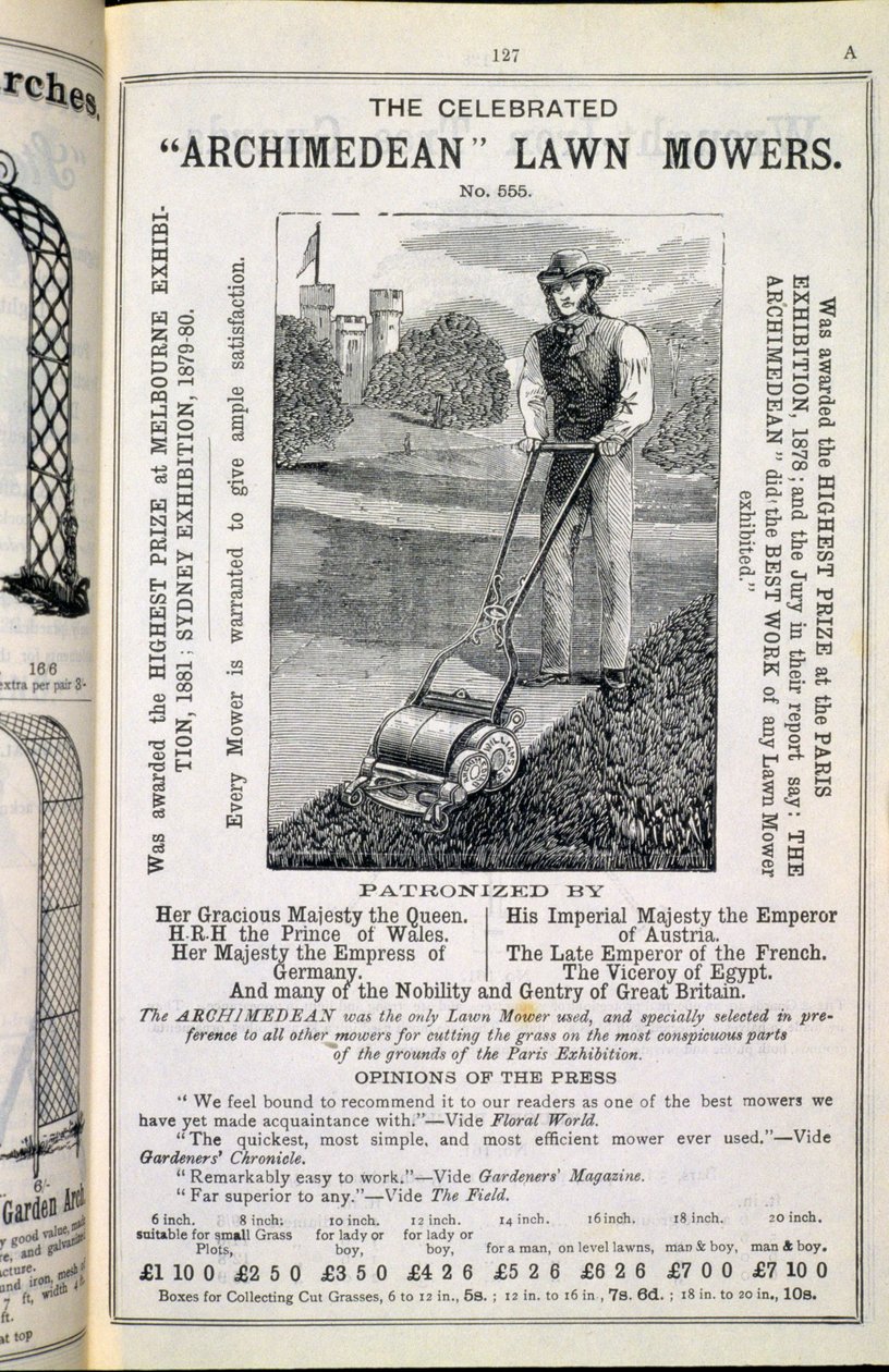 The Celebrated Archimedean Lawn Mowers, fra den nye illustrerte katalogen over hageredskaper, hagemøbler og rekvisitter, utgitt av Wrinch & Sons, 1893 av English School