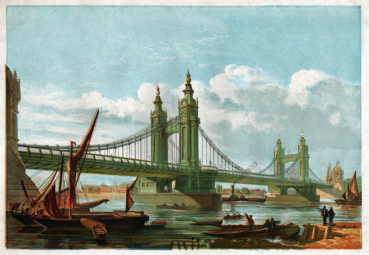 Chelsea Bridge, London. (gravering, ca. 1860) av English School
