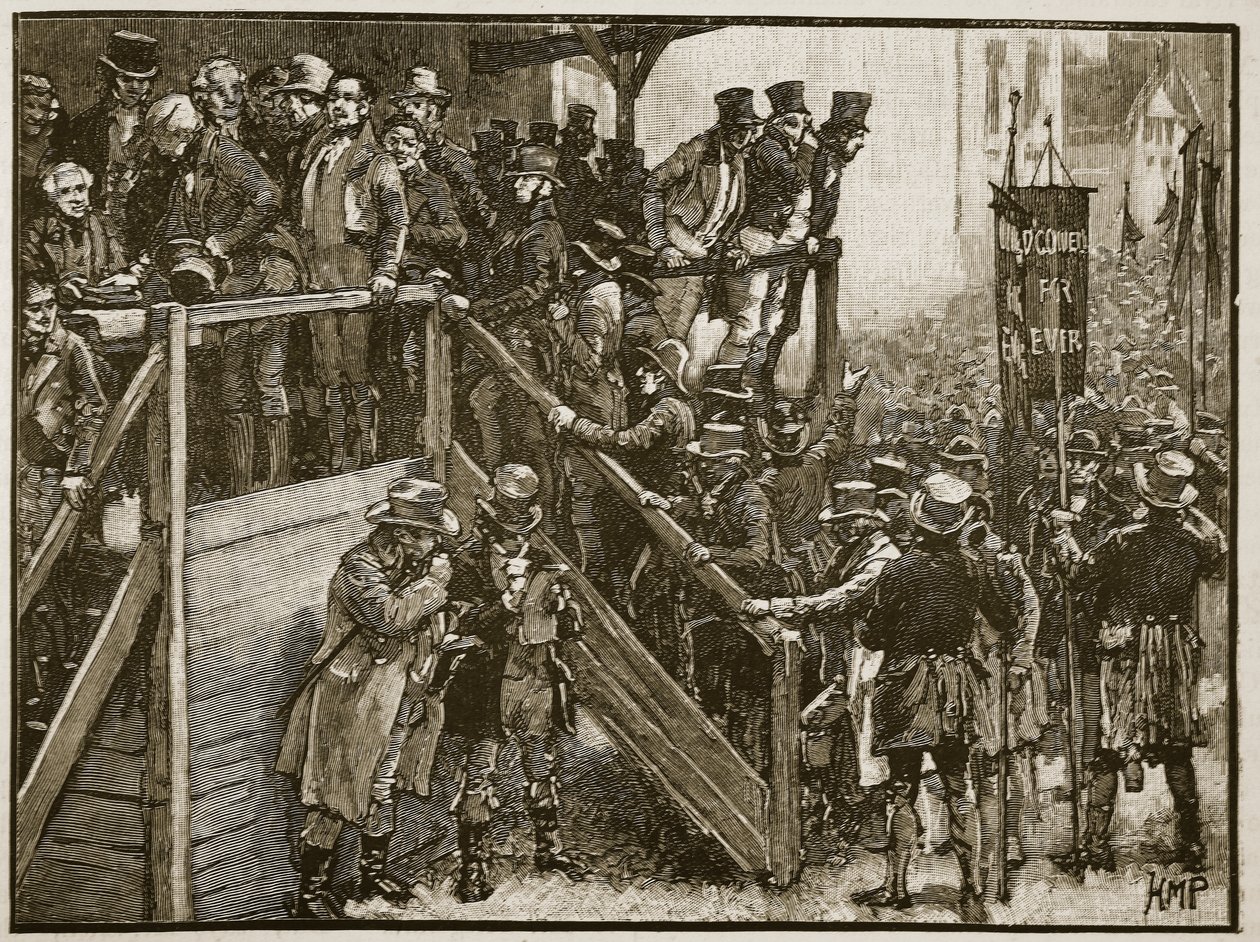 Clare-konkurransen: Far Murphy leder leietakerne sine til avstemningen, illustrasjon fra Cassells Illustrated History of England (sepia-bilde) av English School