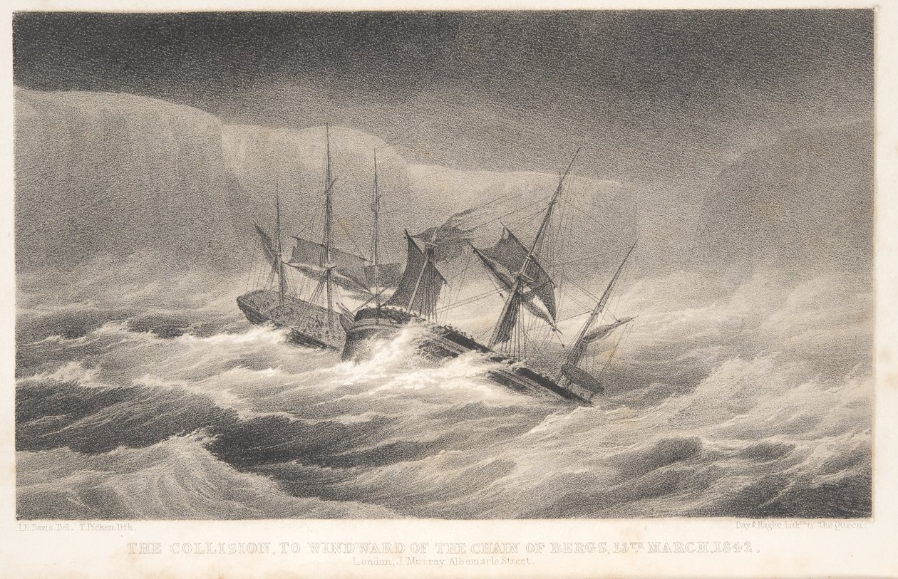 Kollisjonen, fra Oppdagelses- og forskningsreisen i de sørlige og antarktiske regionene av kaptein Sir James Clark Ross, utgitt 1847 (gravering) av English School