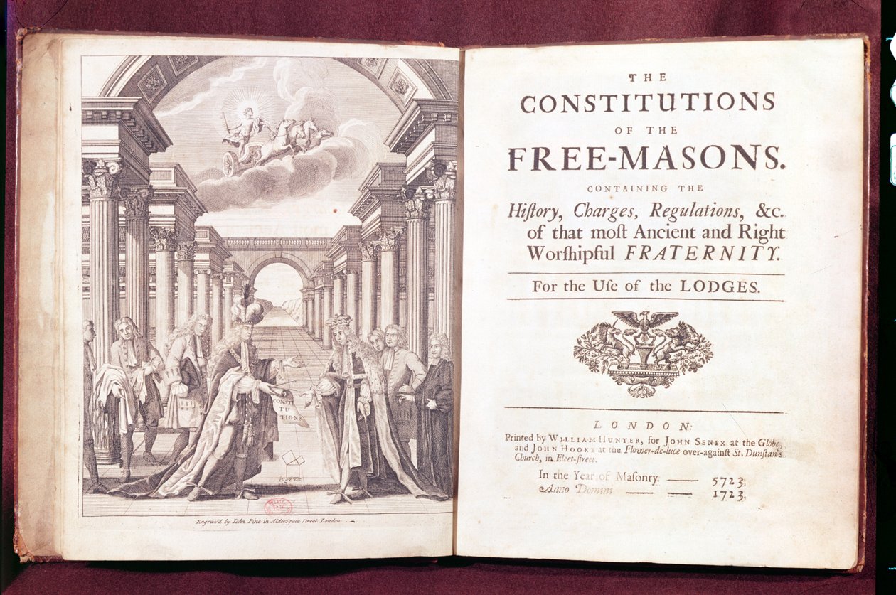 `The Constitutions of the Freemasons av Dr James Anderson (ca. 1680-1739) publisert i London 1723 av English School
