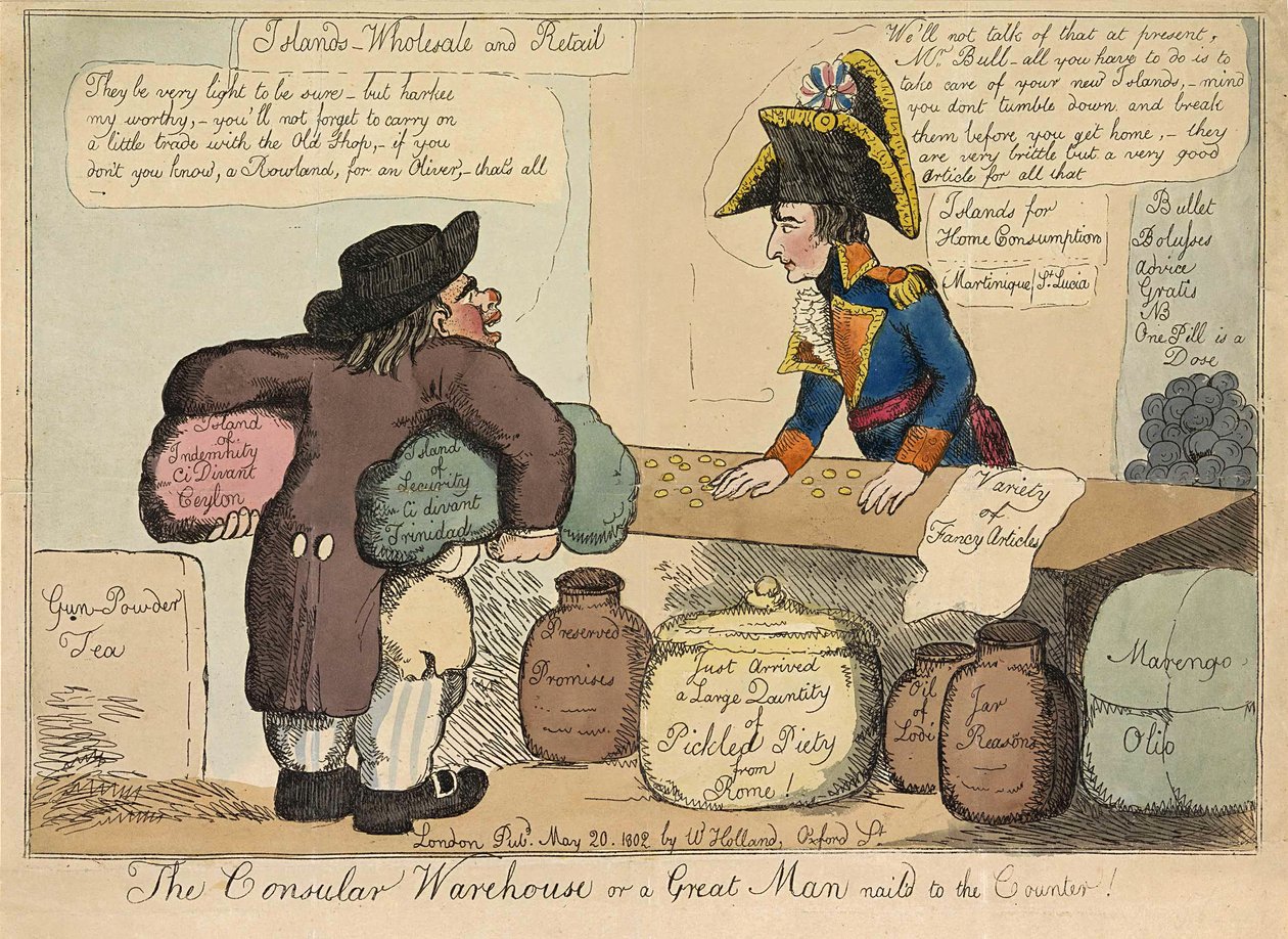 The Consular Warehouse eller en stor mann spikret til skranken, pub. 1802 (håndfarget gravering) av English School