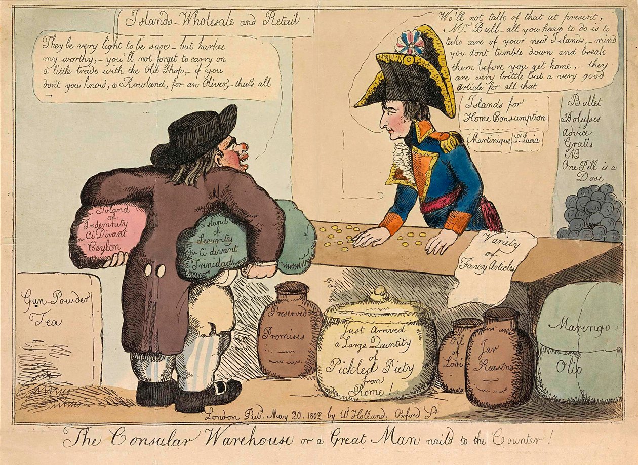 The Consular Warehouse eller en stor mann spikret til skranken, pub. 1802 håndfarget gravering. av English School