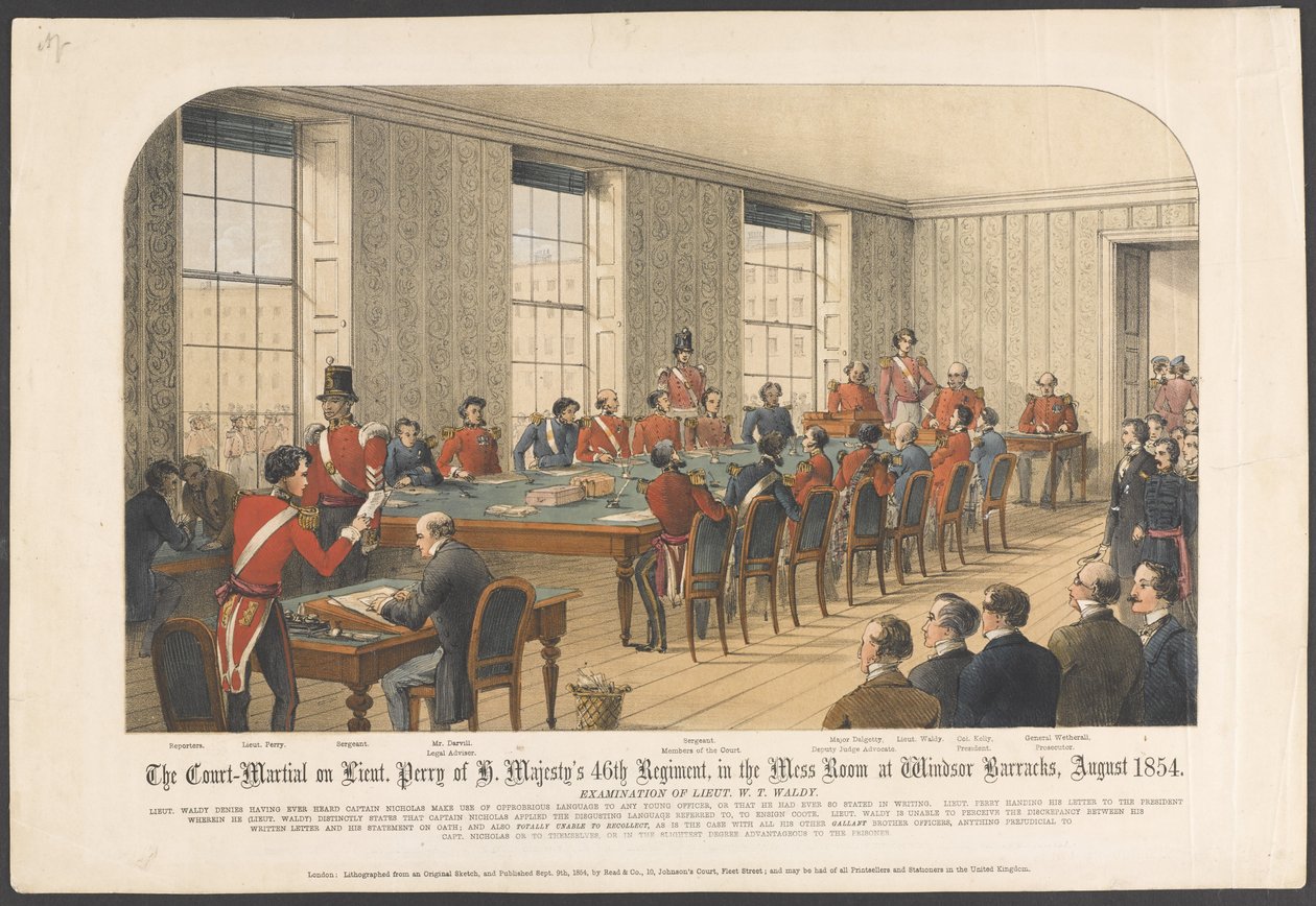 Løytets krigsrett. Perry fra H. Majesty's 46th Regiment, i messerommet ved Windsor Barracks, august 1854 (farge litho) av English School