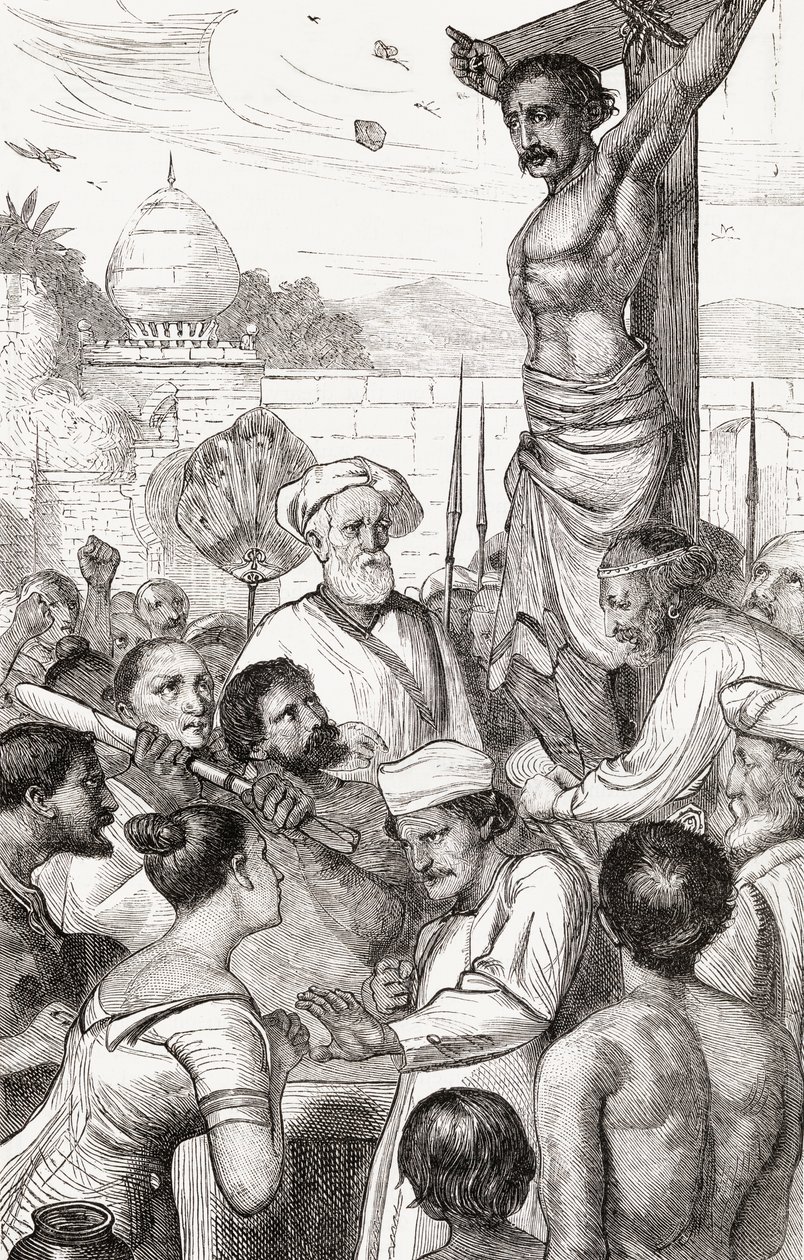 Korsfestelsen av en Karen-martyr fra Burma, ca. 1865 (tregravering) av English School
