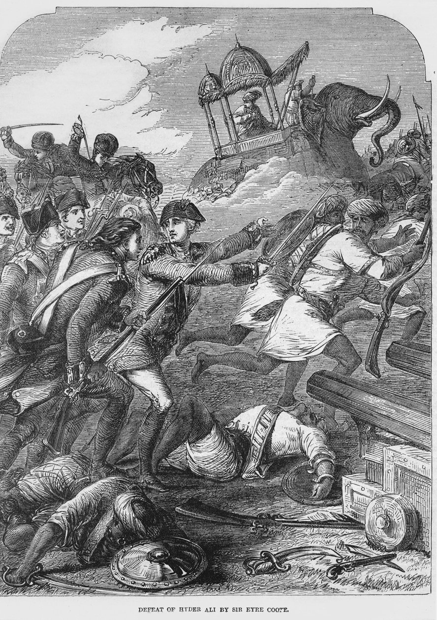The Defeat of Hyder Ali (1722-82) av Sir Eyre Coote (1726-83) i 1781 (gravering) (bundw-foto) av English School