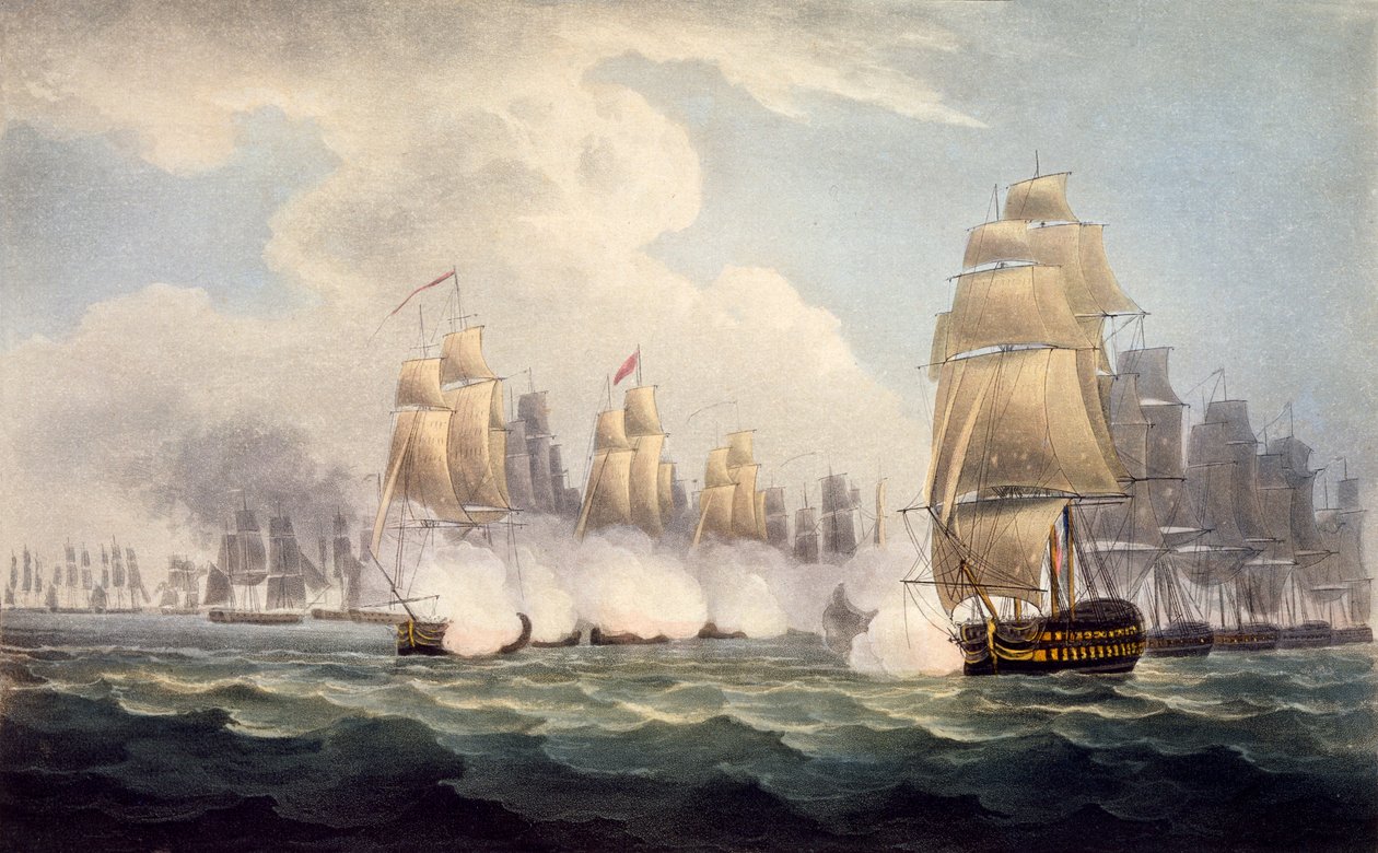 The Defeat of the French under Linois av Commodore Dances Squadron, 15. februar 1804, fra The Naval Chronology of Great Britain, av J. Ralfe av English School