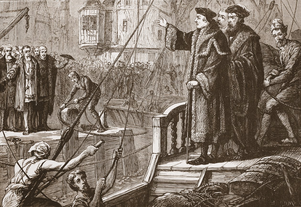 The Departure of Erasmus from Basel, illustrasjon fra The History of Protestantism av James Aitken Wylie (1808-1890), pub. 1878 av English School