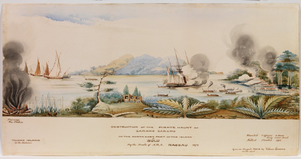 Ødeleggelsen av Pirate Haunt of Carang Carang på den nordøstlige delen av øya Sulu av båtene til H.M.S. Nassau i 1872 av English School