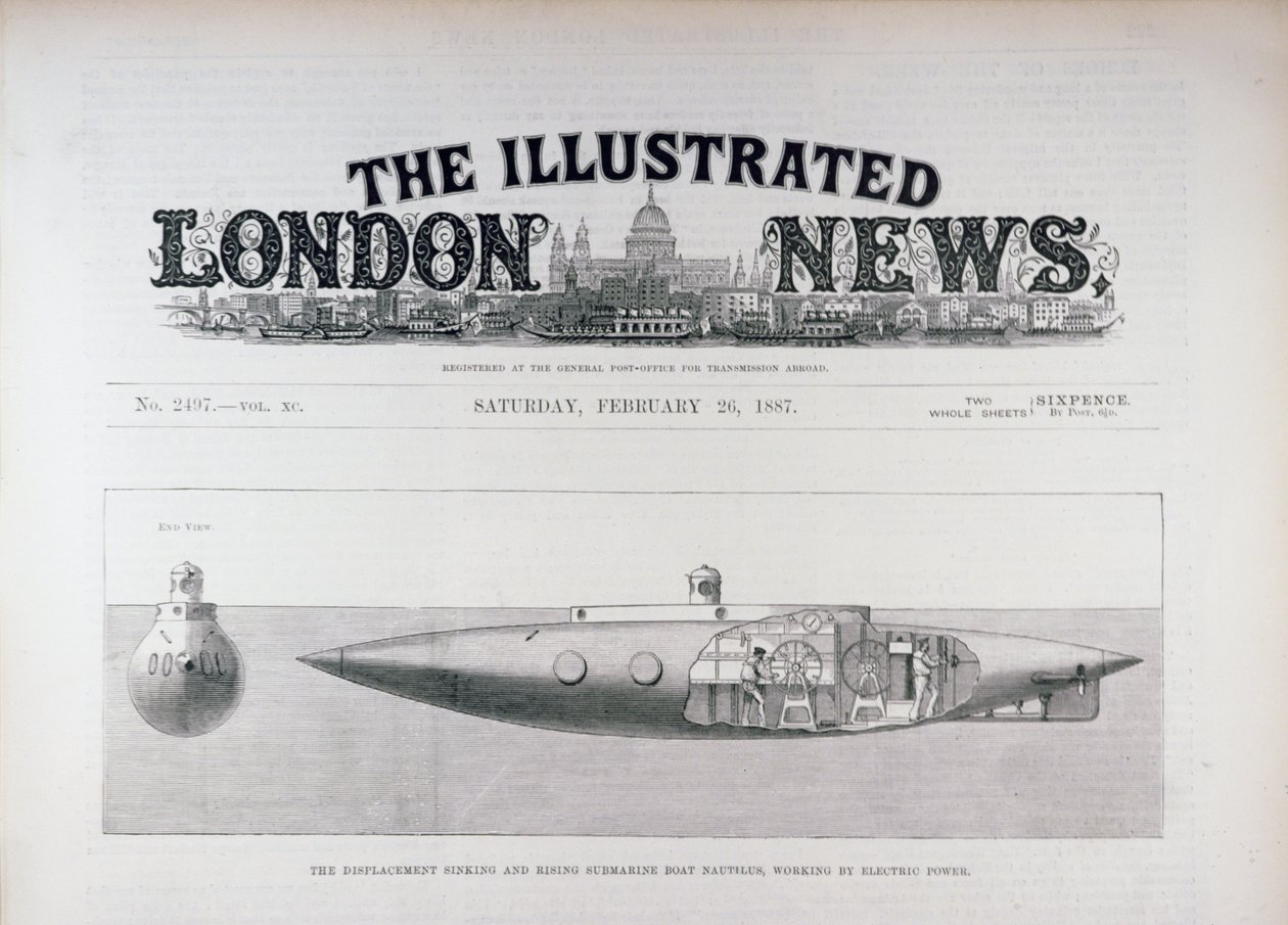 Forskyvningen synkende og stigende ubåtbåt Nautilus, Working by Electric Power, fra The Illustrated London News, 26. februar 1887 av English School