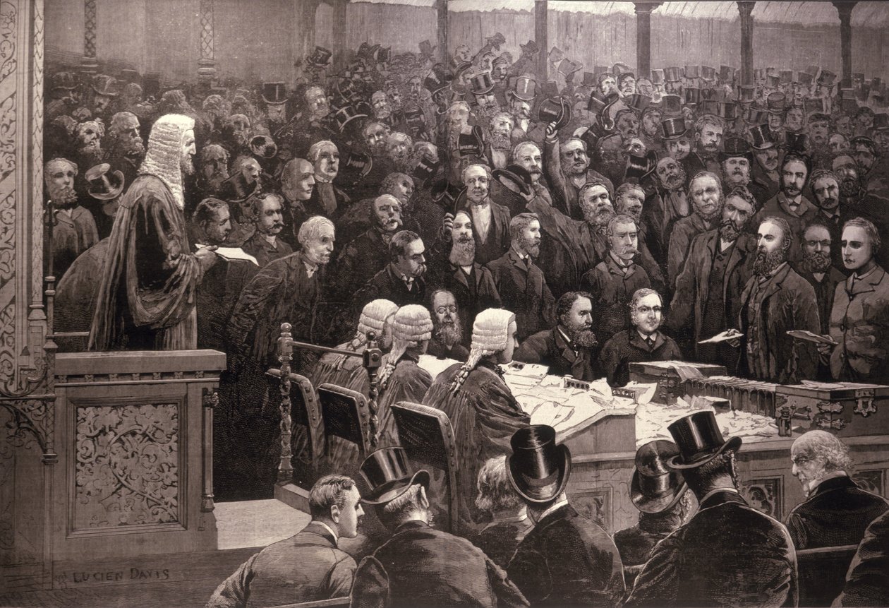Divisjonen i Underhuset på spørsmålet om det irske hjemmestyre, 'The Ayes; 311, Noes; 341', fra 'The Illustrated London News', 6. desember 1886 av English School