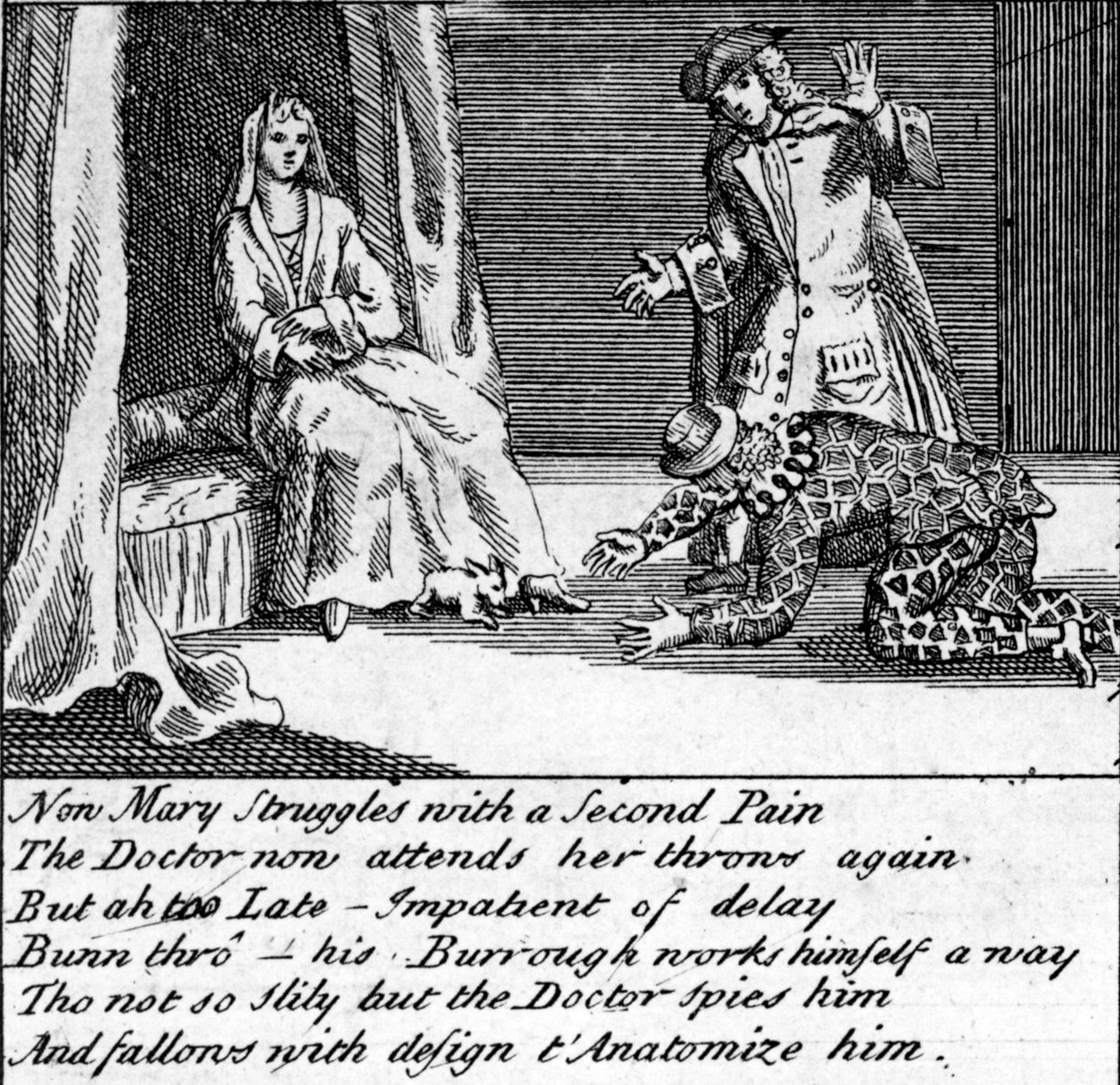 The Doctor in Labour, eller The New Whim Wham fra Guildford, ca. 1726 av English School