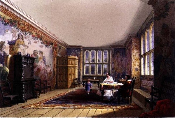 The Drawing Room, Cotehele-huset, ca. 1830-40 (farge litho) av English School