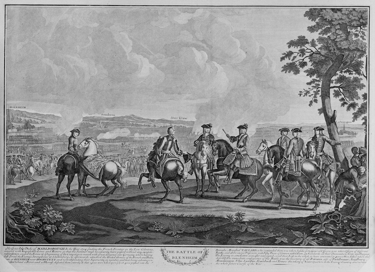 Hertugen av Marlborough (1650-1722) og hans stab i slaget ved Blenheim 13. august 1704, ca. 1704 (linjegravering) av English School