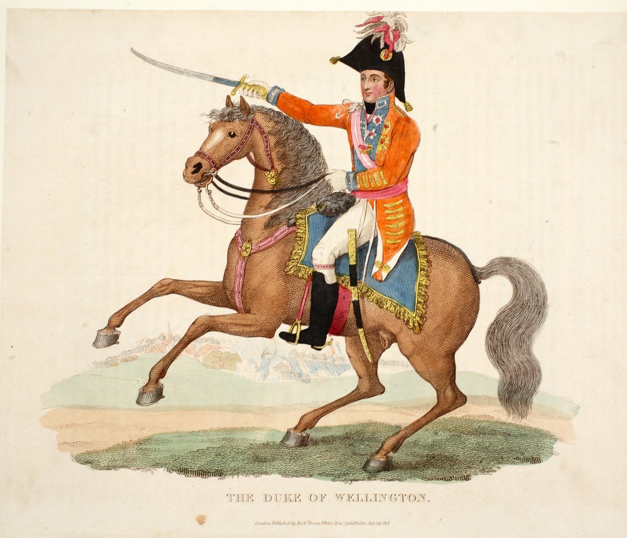 The Duke of Wellington, pub. av Richard Evans, engr Romney, illustrasjon fra An Historical Account of the Battle of Waterloo av William Mudford, 1816 av English School