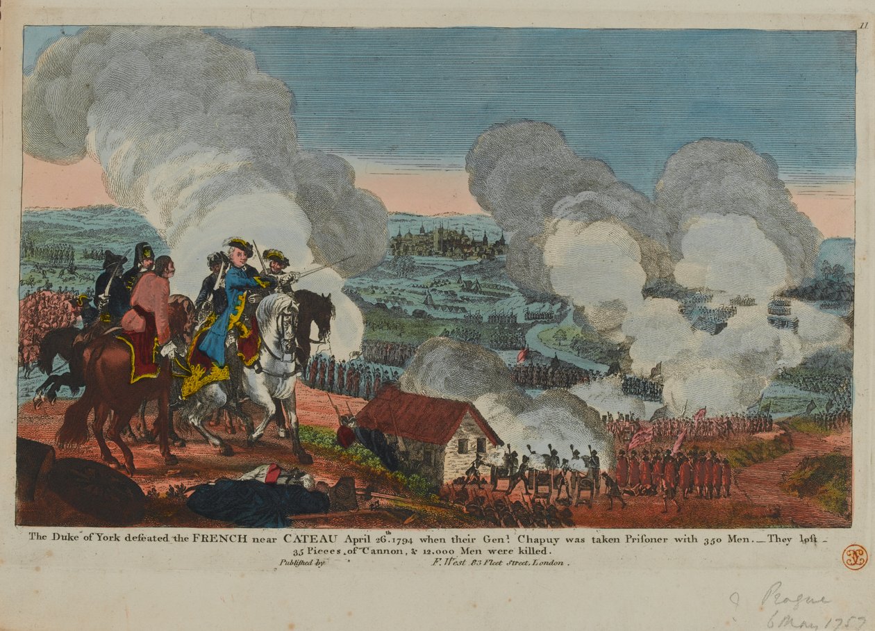 Hertugen av York (1763-1827) beseiret franskmennene nær Cateau, 26. april 1794, fra et sett med syvårskrigsscener utgitt av F. West, 1834 av English School