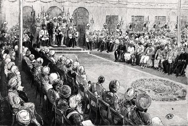 The Durbar at Rawul Pindi (gravering) (s/hvitt bilde) av English School